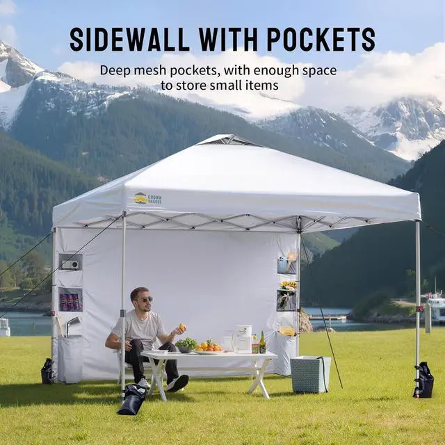 Alt view image 7 of 7 - Canopy Tent 10x10 Pop Up Canopy Outdoor Shade with Pockets Sidewall, Easy Up Sun Shelter with One Person Set Up Center Lock, Portable Instant Camping Beach Canopy Tents, White