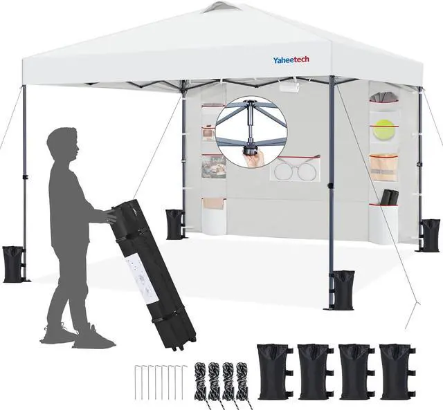 Main image of 10x10 Pop-up Canopy Tent w/Removable Pockets Sidewall for Extra Storage, Outdoor Sun Shelter Waterproof & Durable w/Wheeled Bag, Sandbags & Guylines for Beach Camping Party (White)