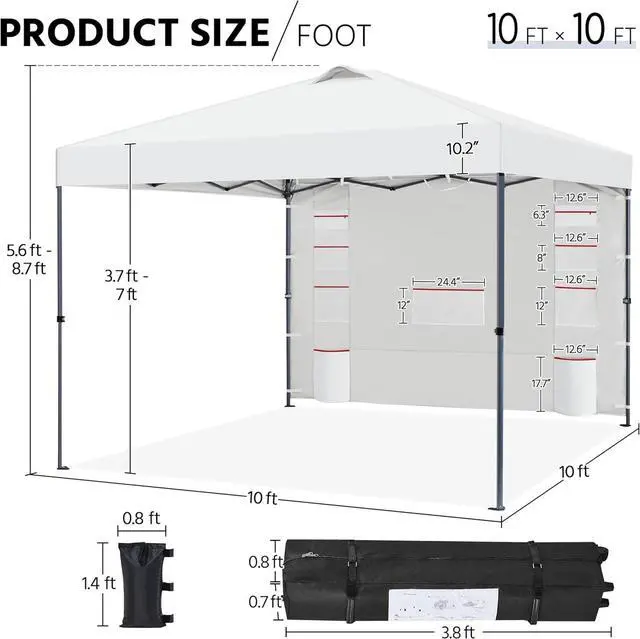 Alt view image 3 of 7 - 10x10 Pop-up Canopy Tent w/Removable Pockets Sidewall for Extra Storage, Outdoor Sun Shelter Waterproof & Durable w/Wheeled Bag, Sandbags & Guylines for Beach Camping Party (White)