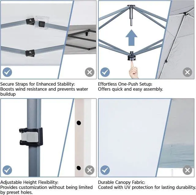 Alt view image 7 of 7 - 10x10 Pop-up Canopy Tent w/Removable Pockets Sidewall for Extra Storage, Outdoor Sun Shelter Waterproof & Durable w/Wheeled Bag, Sandbags & Guylines for Beach Camping Party (White)