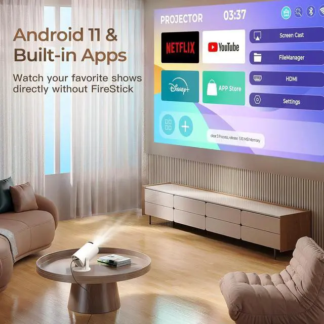 Alt view image 2 of 7 - Built-in Apps & 2025 Upgraded Smart Projector with Wi-Fi 6 & Bluetooth 5.4, 1080P 4K Support Full HD, Auto Keystone 360° Portable Home Cinema Mini Projector for iOS/Android OptiBarrel 005