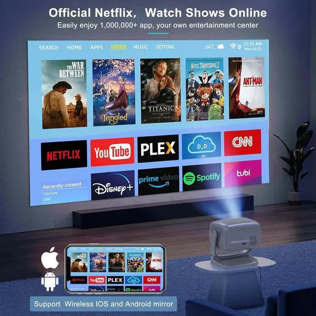 Alt view image 2 of 7 - Projector with WiFi and Bluetooth Portable Outdoor: [Auto Focus&Keystone/360° Stand] Smart TV 4K Movie Projector with Apps Netflix Licensed 50%Zoom 700ANSI 3D DoIby Audio Android Home Camping Ceiling