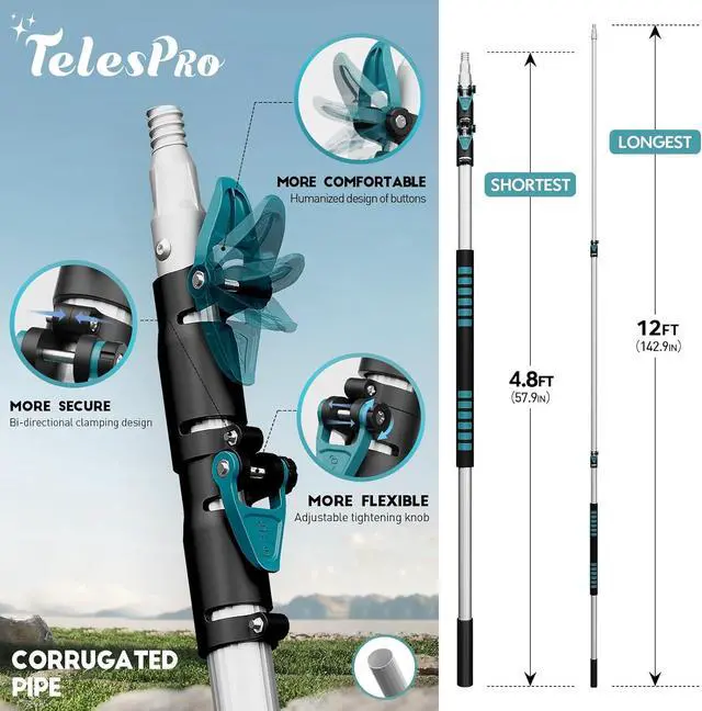 Alt view image 3 of 7 - 20 Foot High Reach Duster Kit with 5-12FT Extension Pole High Ceiling Dusting and Window Cleaning Kit with Telescopic Pole Window Washer&Squeegee,Cobweb Duster,Fan Duster and Feather Duster