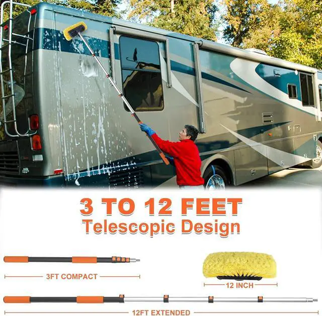 Alt view image 2 of 7 - 12FT Car Wash Brush with Long Handle, 12-Inch Soft Bristle, with Aluminium Telescoping Pole, for Cleaning Car, SUV, RV, Boats, House Siding, Floors, Solar Panels, and More