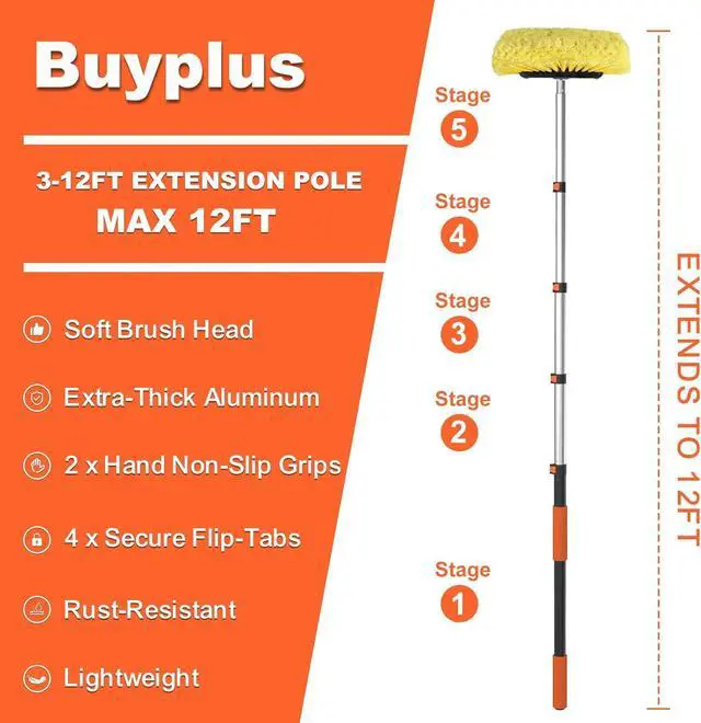 Alt view image 7 of 7 - 12FT Car Wash Brush with Long Handle, 12-Inch Soft Bristle, with Aluminium Telescoping Pole, for Cleaning Car, SUV, RV, Boats, House Siding, Floors, Solar Panels, and More