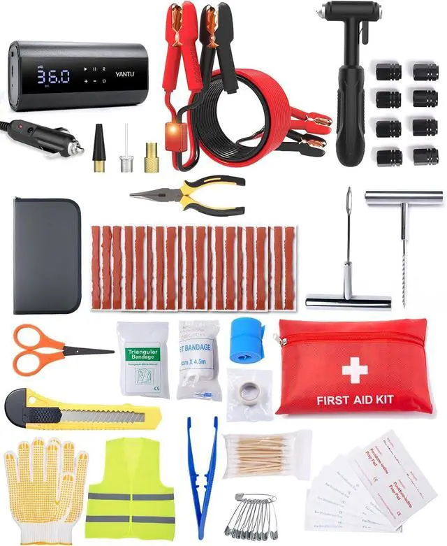 Main image of 111-Piece Car Emergency Kit - Tire Inflator Portable Air Compressor & Jumper Cables for Car - Winter Auto Assistance Kit with Tow Straps, Car Safety Hammer, Tire Repair Kit, & First Aid Kit