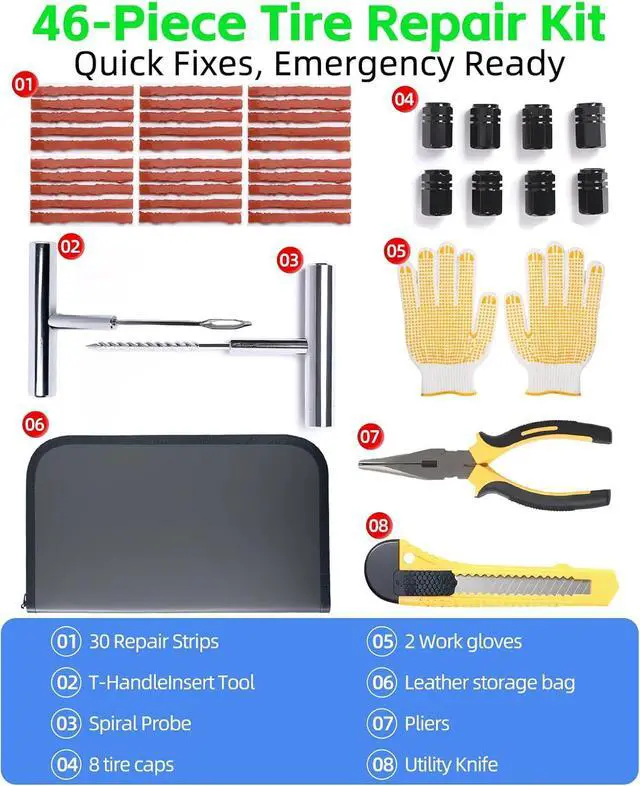 Alt view image 5 of 6 - 111-Piece Car Emergency Kit - Tire Inflator Portable Air Compressor & Jumper Cables for Car - Winter Auto Assistance Kit with Tow Straps, Car Safety Hammer, Tire Repair Kit, & First Aid Kit