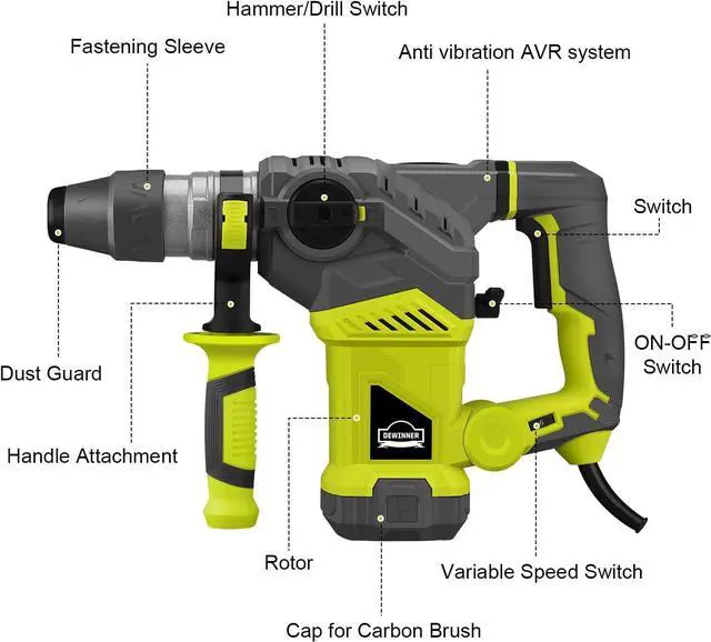 Alt view image 2 of 7 - 1-1/4 Inch SDS-Plus 13 Amp Heavy Duty Rotary Hammer Drill, Safety Clutch 4 Functions with Vibration Control Including Grease, Chisels and Drill Bits with Case