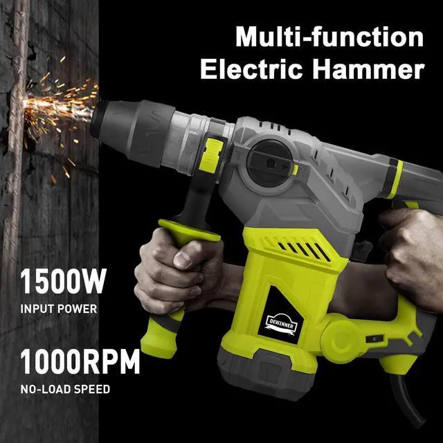 Alt view image 6 of 7 - 1-1/4 Inch SDS-Plus 13 Amp Heavy Duty Rotary Hammer Drill, Safety Clutch 4 Functions with Vibration Control Including Grease, Chisels and Drill Bits with Case