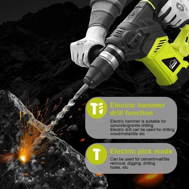Alt view image 7 of 7 - 1-1/4 Inch SDS-Plus 13 Amp Heavy Duty Rotary Hammer Drill, Safety Clutch 4 Functions with Vibration Control Including Grease, Chisels and Drill Bits with Case