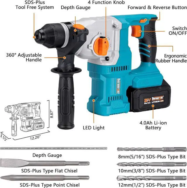 Alt view image 2 of 6 - 20V Cordless 1-1/8" Rotary Hammer Drill SDS-Plus Brushless Motor with Safety Clutch, 4.0Ah Lithium-Ion Battery Powered, 3.0A Fast Charger, 4 Modes Variable Speed Rotomartillo for Concrete