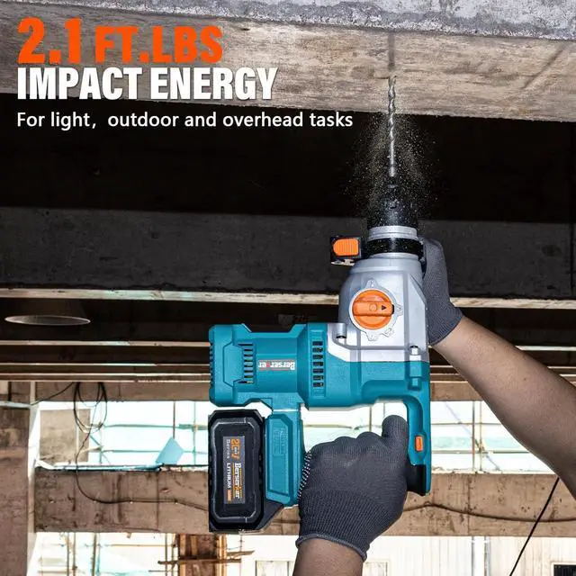 Alt view image 4 of 6 - 20V Cordless 1-1/8" Rotary Hammer Drill SDS-Plus Brushless Motor with Safety Clutch, 4.0Ah Lithium-Ion Battery Powered, 3.0A Fast Charger, 4 Modes Variable Speed Rotomartillo for Concrete