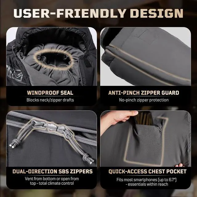 Alt view image 4 of 7 - Sleeping Bag for Adults, Warm Weather Camping Mummy Sleeping Bags (25-36) with Adjustable Hood, Phone Pocket & Compression Sack for Hiking Travel Hunting