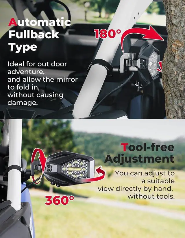 Alt view image 3 of 7 - UTV LED Lighted Side Mirrors with Flowing Turn Signal, Spot, Ground light, Heavy Duty lighted Rally Integrated Mirror for 1.6-2 in Roll Bar Compatible with Polaris RZR Talon 1000 Can Am X3