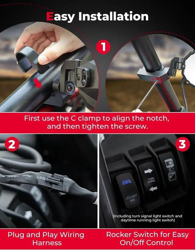 Alt view image 5 of 7 - UTV LED Lighted Side Mirrors with Flowing Turn Signal, Spot, Ground light, Heavy Duty lighted Rally Integrated Mirror for 1.6-2 in Roll Bar Compatible with Polaris RZR Talon 1000 Can Am X3