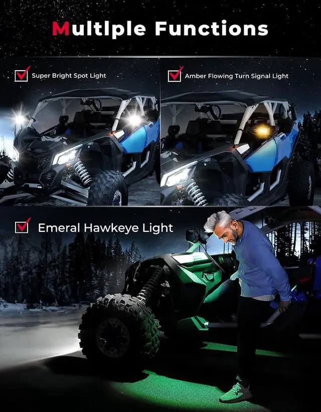 Alt view image 2 of 7 - UTV LED Lighted Side Mirrors with Flowing Turn Signal, Spot, Ground light, Heavy Duty lighted Rally Integrated Mirror for 1.6-2 in Roll Bar Compatible with Polaris RZR Talon 1000 Can Am X3