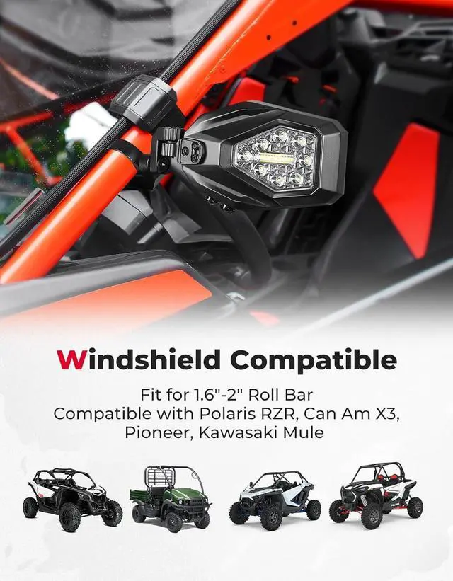 Alt view image 4 of 7 - UTV LED Lighted Side Mirrors with Flowing Turn Signal, Spot, Ground light, Heavy Duty lighted Rally Integrated Mirror for 1.6-2 in Roll Bar Compatible with Polaris RZR Talon 1000 Can Am X3