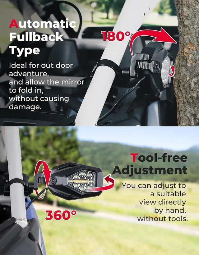 Alt view image 3 of 7 - UTV Side Mirrors with Spot Light, Turn Signal Light for 1.6-2 in Roll Bar, Heavy Duty Aluminum LED UTV Rearview Mirrors Compatible with Polaris RZR Can-Am X3 Kawasaki Mule Teryx Pioneer Talon