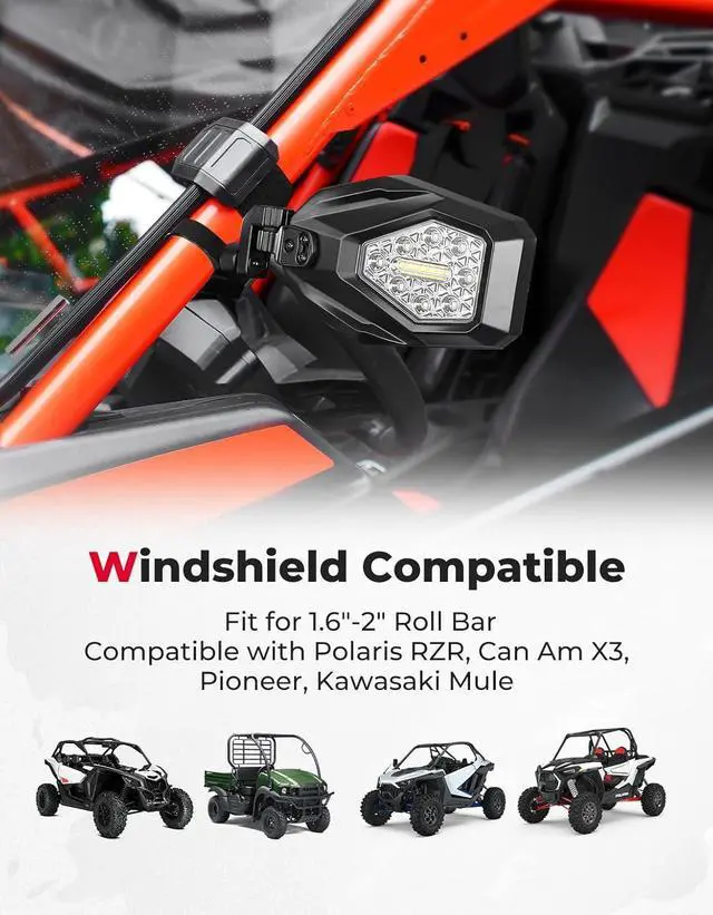 Alt view image 4 of 7 - UTV Side Mirrors with Spot Light, Turn Signal Light for 1.6-2 in Roll Bar, Heavy Duty Aluminum LED UTV Rearview Mirrors Compatible with Polaris RZR Can-Am X3 Kawasaki Mule Teryx Pioneer Talon