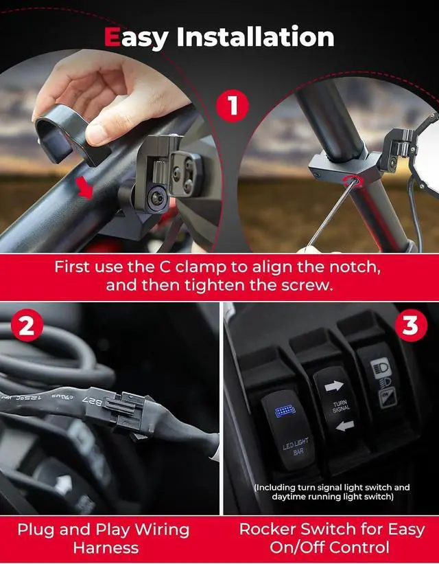 Alt view image 5 of 7 - UTV Side Mirrors with Spot Light, Turn Signal Light for 1.6-2 in Roll Bar, Heavy Duty Aluminum LED UTV Rearview Mirrors Compatible with Polaris RZR Can-Am X3 Kawasaki Mule Teryx Pioneer Talon