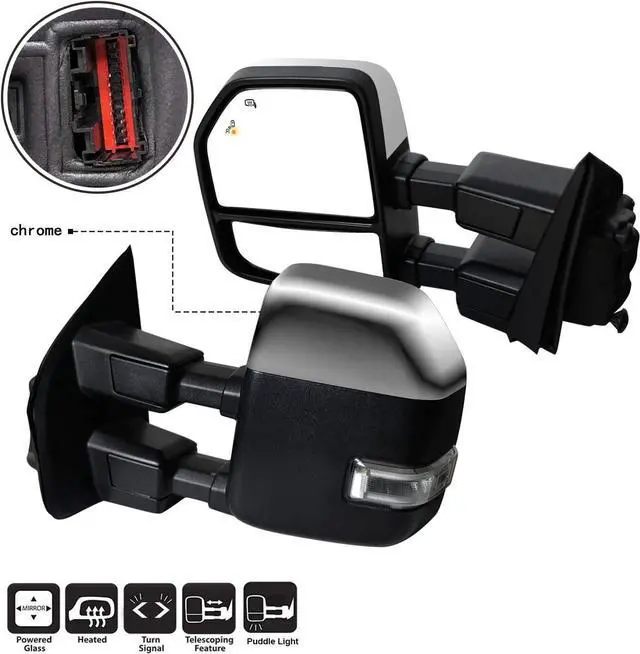 Alt view image 2 of 7 - New Pair Towing Mirro with Temperature Sensor Fit Ford Super Duty F-250 F-350 F-450 F-550 Pickup Truck 2017 2018 2019 with Blind Spot w/Turn Signal and Auxiliary Lamp r Chrome Cap