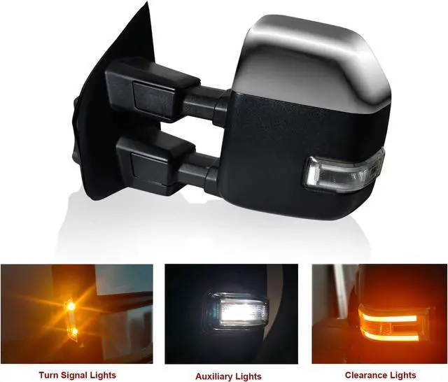 Alt view image 5 of 7 - New Pair Towing Mirro with Temperature Sensor Fit Ford Super Duty F-250 F-350 F-450 F-550 Pickup Truck 2017 2018 2019 with Blind Spot w/Turn Signal and Auxiliary Lamp r Chrome Cap