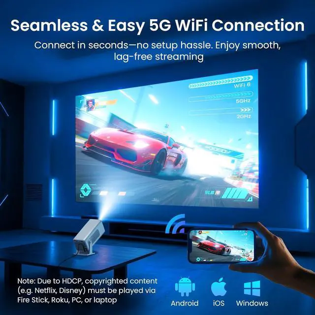 Alt view image 3 of 7 - Mini Projector Native 1080P, Portable Outdoor Movie Projector with WiFi and Bluetooth, 4K Supported, Compatible with Smartphone, HDMI, USB, TV Stick, PS5 for Home Theater, Bedroom, Outdoor Use