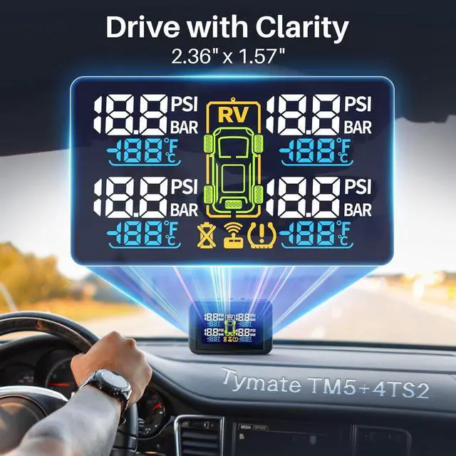 Alt view image 2 of 7 - TM5 Tire Pressure Monitoring System - Large Colorful Screen TPMS, 5 Alert Modes with 4 External Sensors, Real-time Monitoring Tire Pressure&Temperature, 0-87 PSI Ideal for RV Trailer SUV Sedan