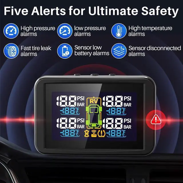 Alt view image 3 of 7 - TM5 Tire Pressure Monitoring System - Large Colorful Screen TPMS, 5 Alert Modes with 4 External Sensors, Real-time Monitoring Tire Pressure&Temperature, 0-87 PSI Ideal for RV Trailer SUV Sedan