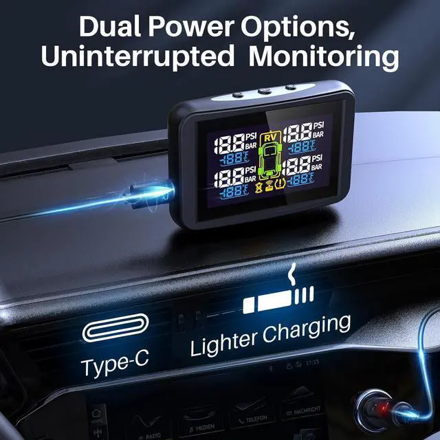 Alt view image 4 of 7 - TM5 Tire Pressure Monitoring System - Large Colorful Screen TPMS, 5 Alert Modes with 4 External Sensors, Real-time Monitoring Tire Pressure&Temperature, 0-87 PSI Ideal for RV Trailer SUV Sedan