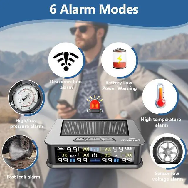 Alt view image 2 of 7 - RV Tire Pressure Monitoring System (TPMS) - Solar-Powered with 6 Sensors & 6 Alarm Modes, 2025 Updated Color LCD Display, 9.9BAR/144PSI, for RV/Trailer/Truck/Sedan