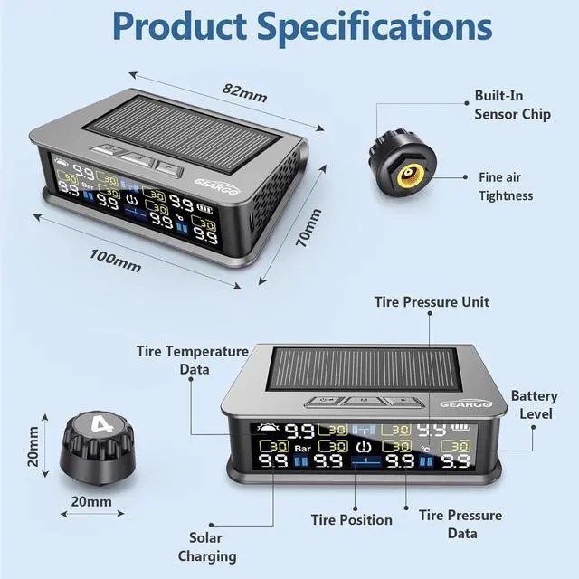 Alt view image 7 of 7 - RV Tire Pressure Monitoring System (TPMS) - Solar-Powered with 6 Sensors & 6 Alarm Modes, 2025 Updated Color LCD Display, 9.9BAR/144PSI, for RV/Trailer/Truck/Sedan