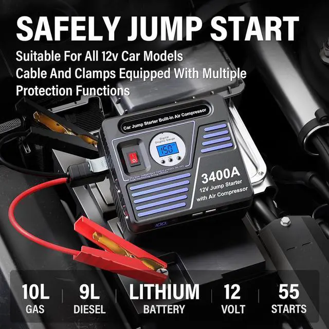 Alt view image 2 of 7 - 3400Amp Car Jump Starter with Air Compressor, 150PSI Tire Inflator with Digital Screen Pressure Gauge, 24000mAh 12V Auto Battery Booster (10.0L Gas/ 9LDiesel Engine), 2 USB Port 2 Light