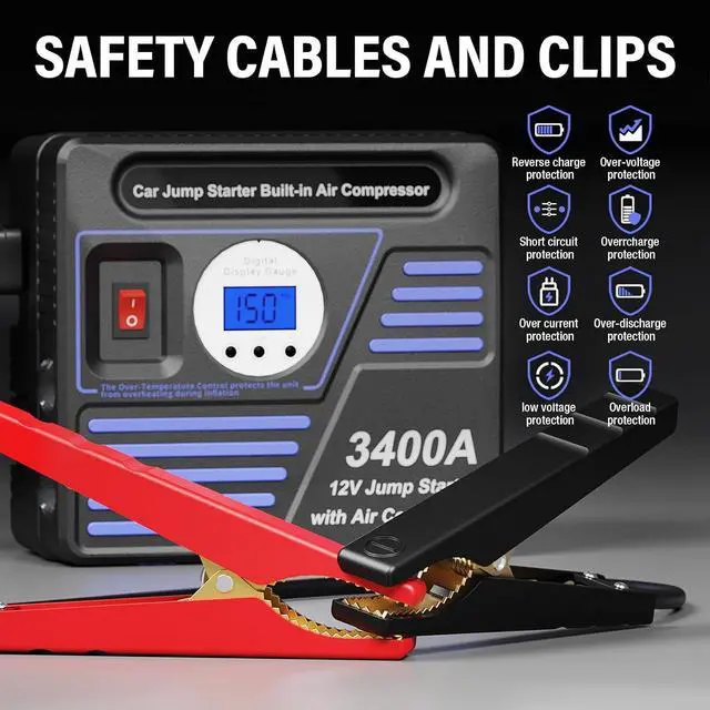 Alt view image 3 of 7 - 3400Amp Car Jump Starter with Air Compressor, 150PSI Tire Inflator with Digital Screen Pressure Gauge, 24000mAh 12V Auto Battery Booster (10.0L Gas/ 9LDiesel Engine), 2 USB Port 2 Light