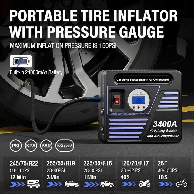 Alt view image 4 of 7 - 3400Amp Car Jump Starter with Air Compressor, 150PSI Tire Inflator with Digital Screen Pressure Gauge, 24000mAh 12V Auto Battery Booster (10.0L Gas/ 9LDiesel Engine), 2 USB Port 2 Light