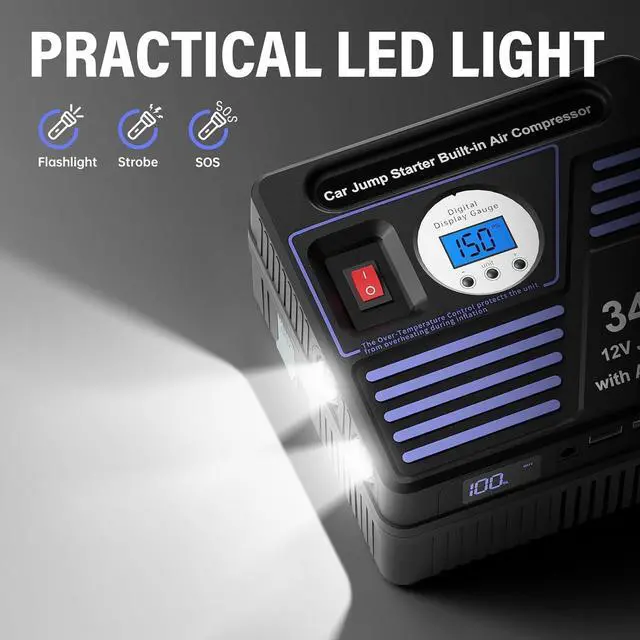 Alt view image 6 of 7 - 3400Amp Car Jump Starter with Air Compressor, 150PSI Tire Inflator with Digital Screen Pressure Gauge, 24000mAh 12V Auto Battery Booster (10.0L Gas/ 9LDiesel Engine), 2 USB Port 2 Light