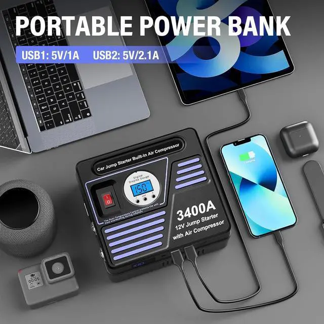 Alt view image 7 of 7 - 3400Amp Car Jump Starter with Air Compressor, 150PSI Tire Inflator with Digital Screen Pressure Gauge, 24000mAh 12V Auto Battery Booster (10.0L Gas/ 9LDiesel Engine), 2 USB Port 2 Light