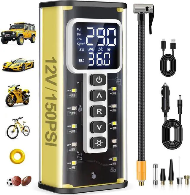 Main image of Portable Air Compressor, 20000mAh Battery & 150PSI Tire Inflator, Electric Pump 12V AC/DC Dual Power Supply, Pressure Gauge, Smart 5X Fast Inflation for Car SUV Ball Bike
