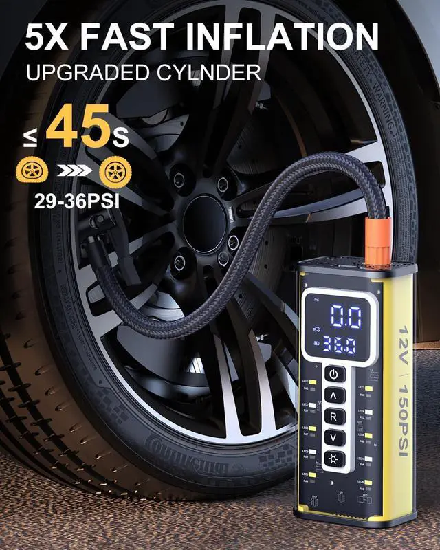 Alt view image 3 of 7 - Portable Air Compressor, 20000mAh Battery & 150PSI Tire Inflator, Electric Pump 12V AC/DC Dual Power Supply, Pressure Gauge, Smart 5X Fast Inflation for Car SUV Ball Bike