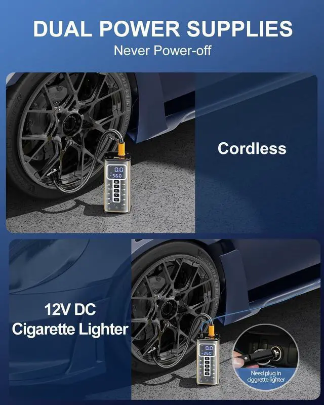 Alt view image 7 of 7 - Portable Air Compressor, 20000mAh Battery & 150PSI Tire Inflator, Electric Pump 12V AC/DC Dual Power Supply, Pressure Gauge, Smart 5X Fast Inflation for Car SUV Ball Bike