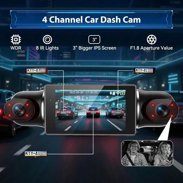 Alt view image 4 of 7 - 4 Channel Car Dash Cam 360° Coverage - Front 2K + Triple 1080P HD Car Camera Built-in WiFi Dash Camera with App, G-Sensor/Night Vision/Parking Mode/Loop Recording Free 64GB SD Card
