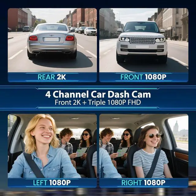 Alt view image 2 of 7 - 4 Channel Car Dash Cam 360° Coverage - Front 2K + Triple 1080P HD Car Camera Built-in WiFi Dash Camera with App, G-Sensor/Night Vision/Parking Mode/Loop Recording Free 64GB SD Card