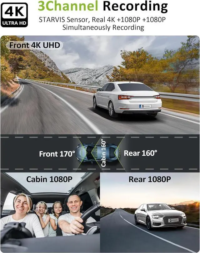 Alt view image 3 of 7 - 4K 3 Channel Dash Cam Front Rear InsideSTARVIS Sensor, 5GHz WiFi,64GB Card Included, 2160P+1080P+1080P Car Dash Camera, 3.16" IPS Screen, IR Night Vision,HDR, G-Sensor, 24/7 Parking Mode