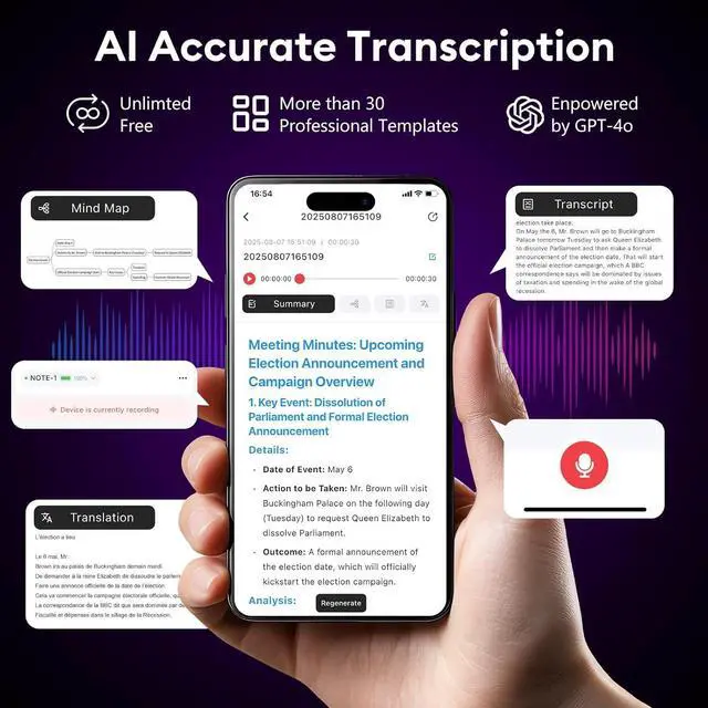 Alt view image 2 of 7 - AI Voice Recorder, Free Transcribe & Summarize with AI Technology, Digital Voice Recorder w/Case, App Control, Support 101 Languages, 64GB Memory, Voice Recorder for Meetings, Calls, Black
