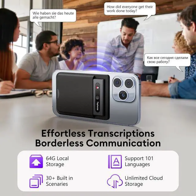 Alt view image 3 of 7 - AI Voice Recorder, Free Transcribe & Summarize with AI Technology, Digital Voice Recorder w/Case, App Control, Support 101 Languages, 64GB Memory, Voice Recorder for Meetings, Calls, Black