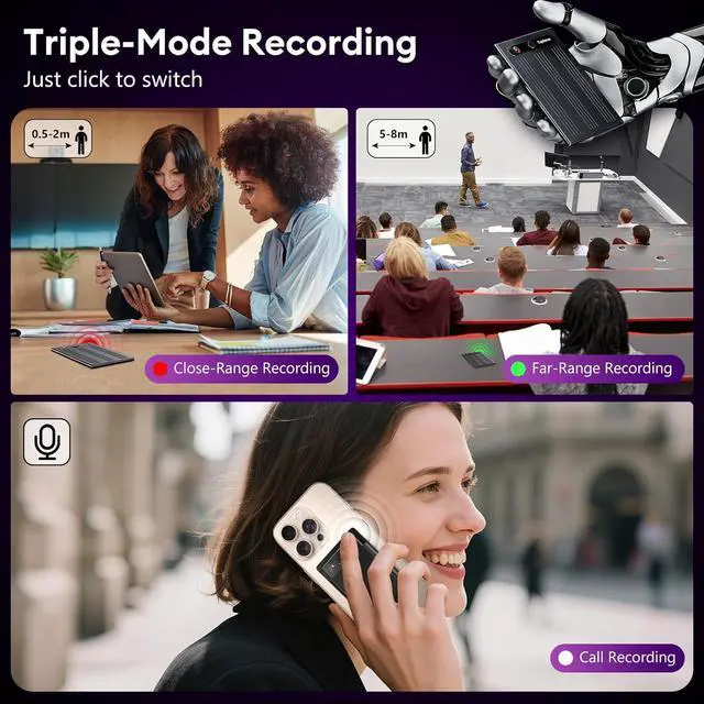 Alt view image 4 of 7 - AI Voice Recorder, Free Transcribe & Summarize with AI Technology, Digital Voice Recorder w/Case, App Control, Support 101 Languages, 64GB Memory, Voice Recorder for Meetings, Calls, Black