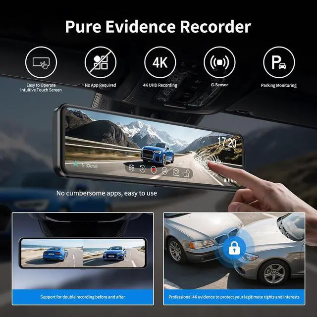 Alt view image 2 of 7 - G814 11" 4K+2.5K Rear View Mirror Camera  No WiFi/Bluetooth, Mirror Dash Cam Front and Rear, Pure Evidence Recorder, Dash Cam for Cars, 3X Zoom, 64GB Card Included