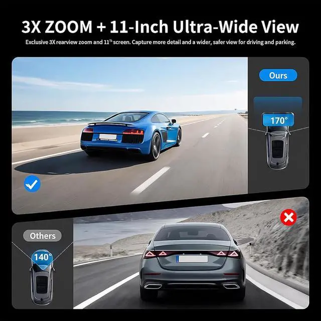 Alt view image 4 of 7 - G814 11" 4K+2.5K Rear View Mirror Camera  No WiFi/Bluetooth, Mirror Dash Cam Front and Rear, Pure Evidence Recorder, Dash Cam for Cars, 3X Zoom, 64GB Card Included