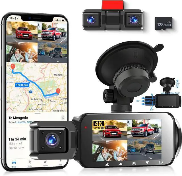 Main image of 4 Channel Dash Cam Front Rear Inside Exterior, IPS 4K/2K Mini Dashcam Quad Car Camera with GPS WiFi, Wireless 4 Lens Dashcam, Night Vision, Parking Mode, Loop Recording, 128GB SD Card Included