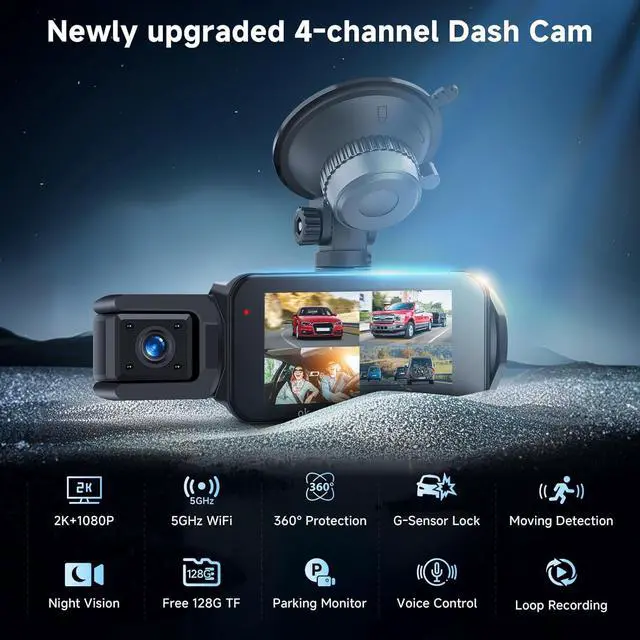 Alt view image 2 of 7 - 4 Channel Dash Cam Front Rear Inside Exterior, IPS 4K/2K Mini Dashcam Quad Car Camera with GPS WiFi, Wireless 4 Lens Dashcam, Night Vision, Parking Mode, Loop Recording, 128GB SD Card Included